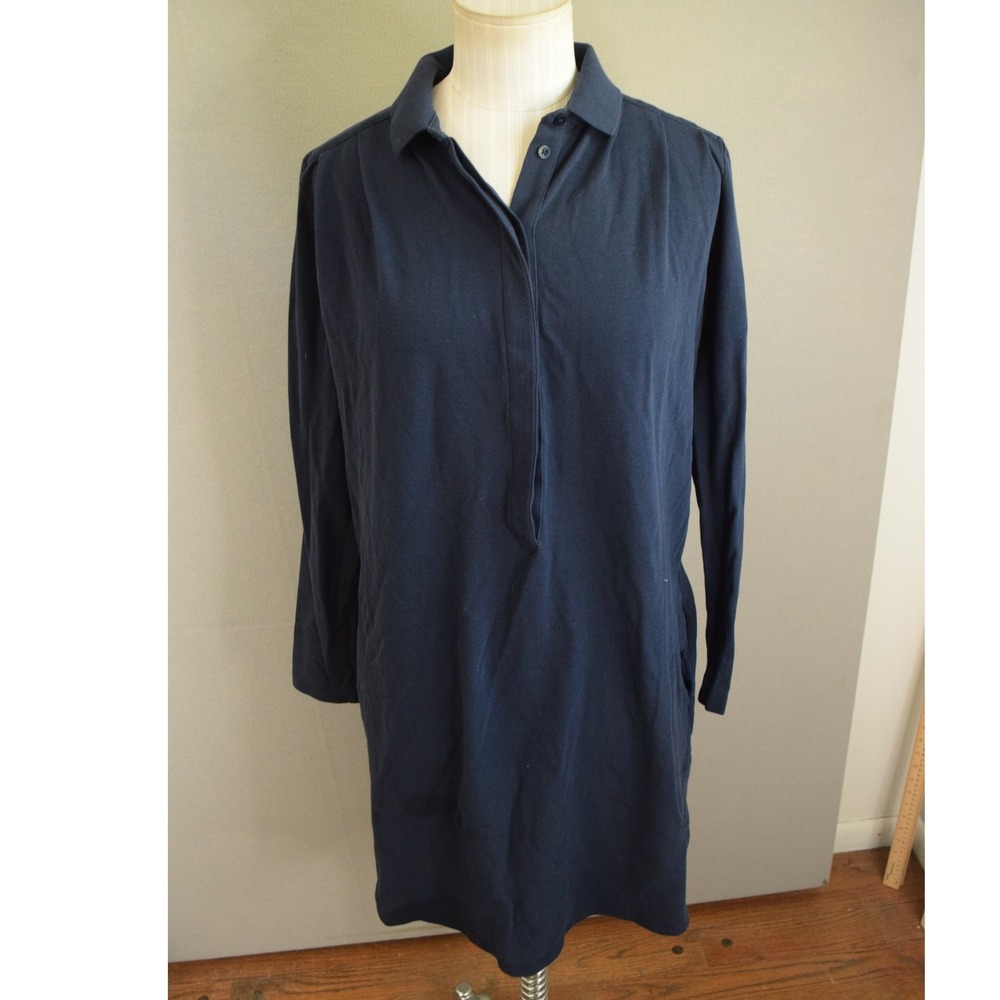 Lacoste Pique Long Sleeve Polo Shirt Dress 38 Medium Womens Navy Blue Pockets
